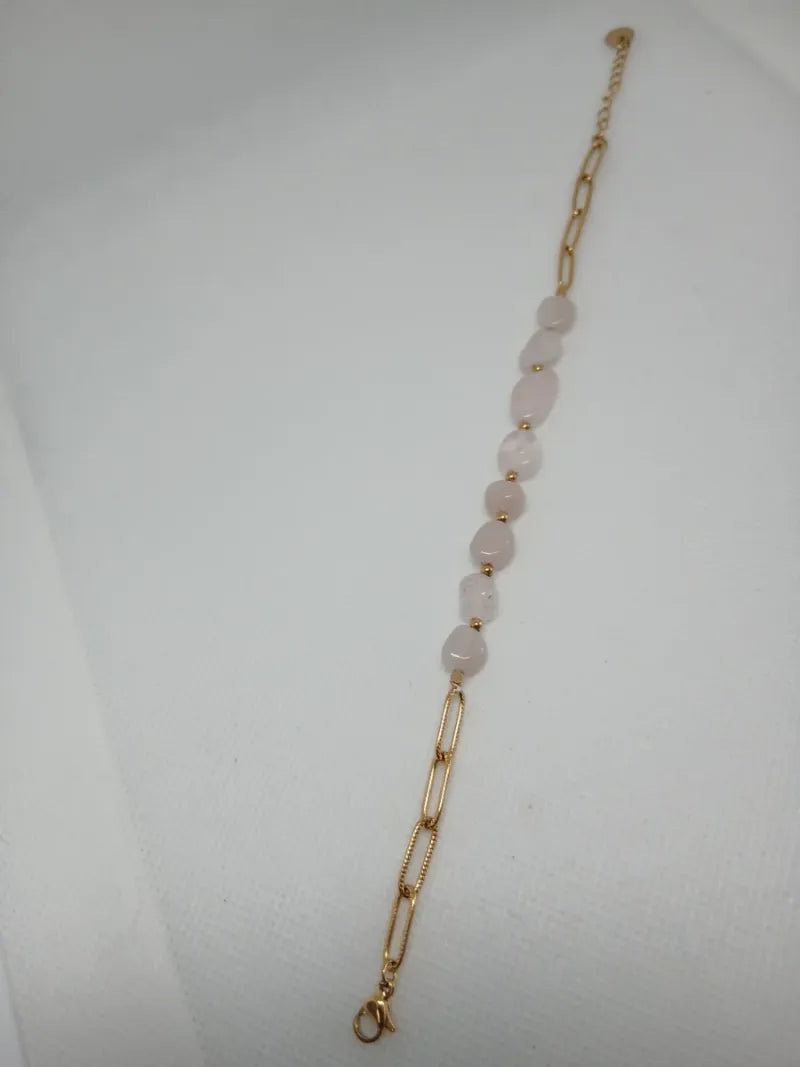 Pulsera Acero Dorado Piedra Rosada