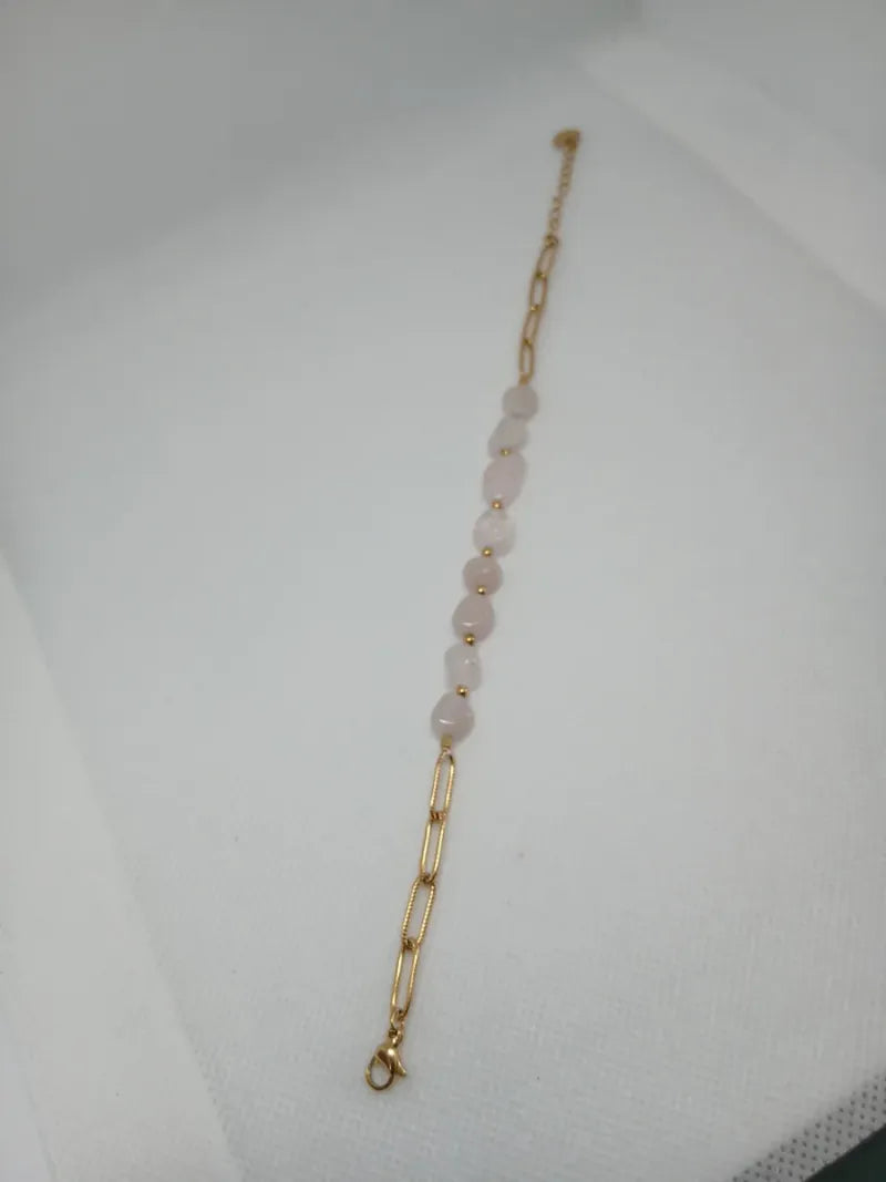 Pulsera Acero Dorado Piedra Rosada