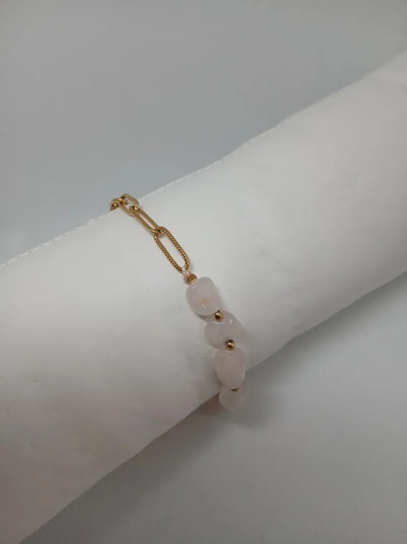 Pulsera Acero Dorado Piedra Rosada