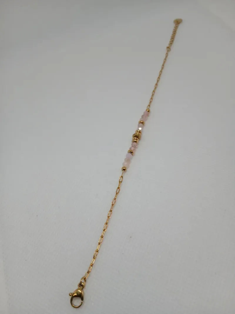 Pulsera Acero Dorado Piedras Rosadas