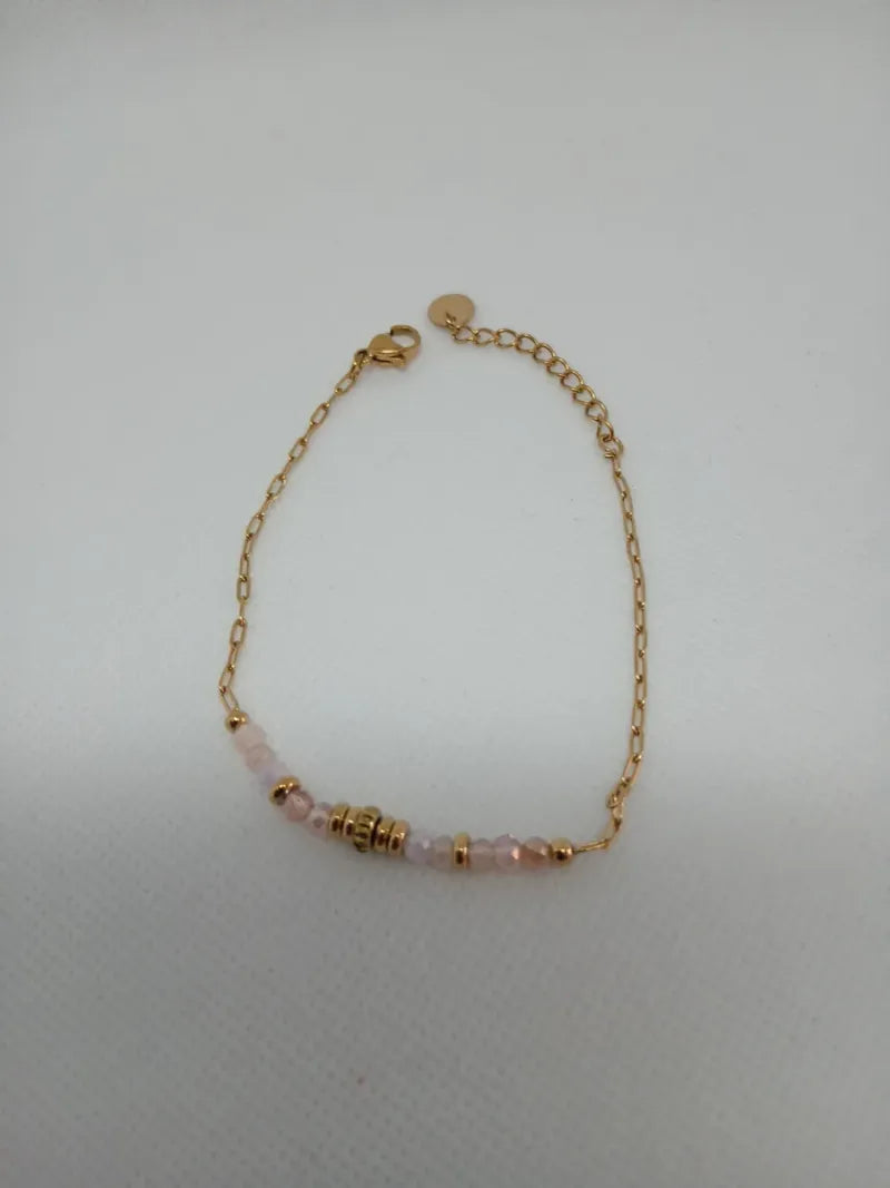 Pulsera Acero Dorado Piedras Rosadas