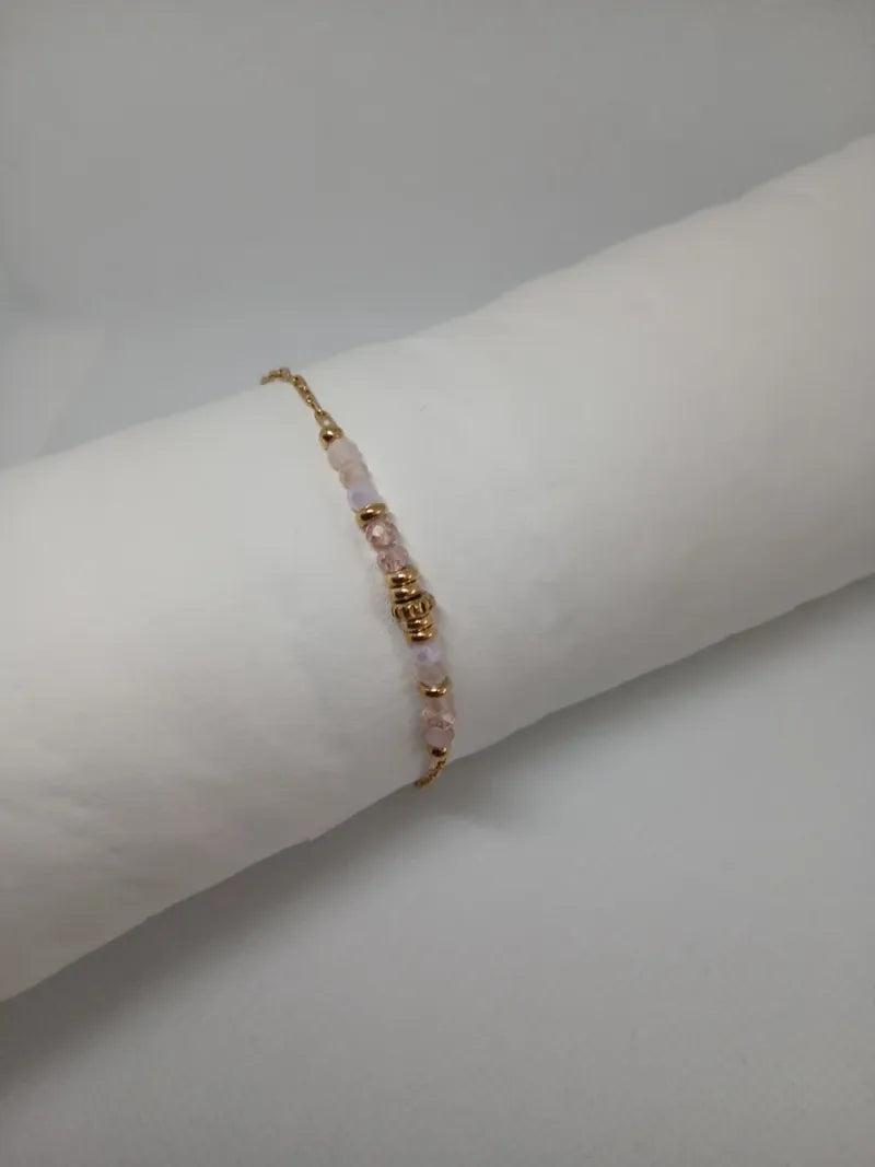 Pulsera Acero Dorado Piedras Rosadas