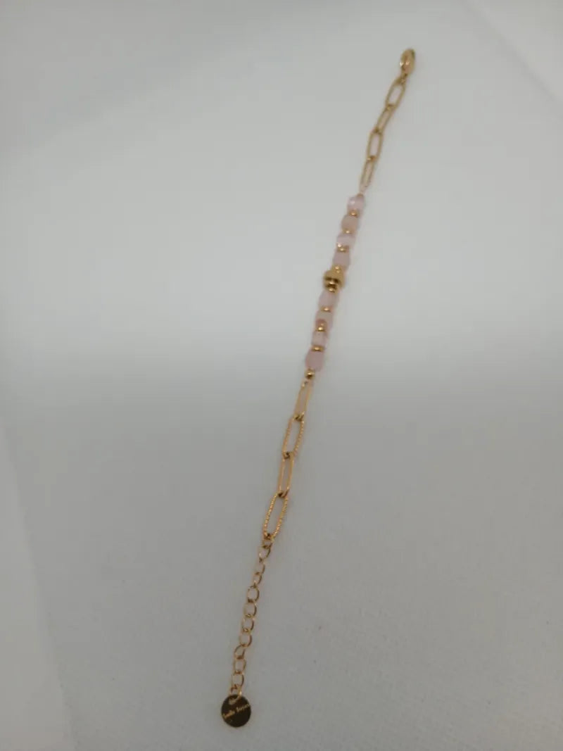 Pulsera Acero Dorado con Piedras Rosas