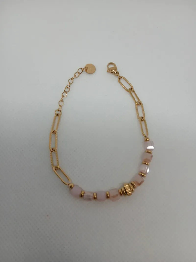 Pulsera Acero Dorado con Piedras Rosas