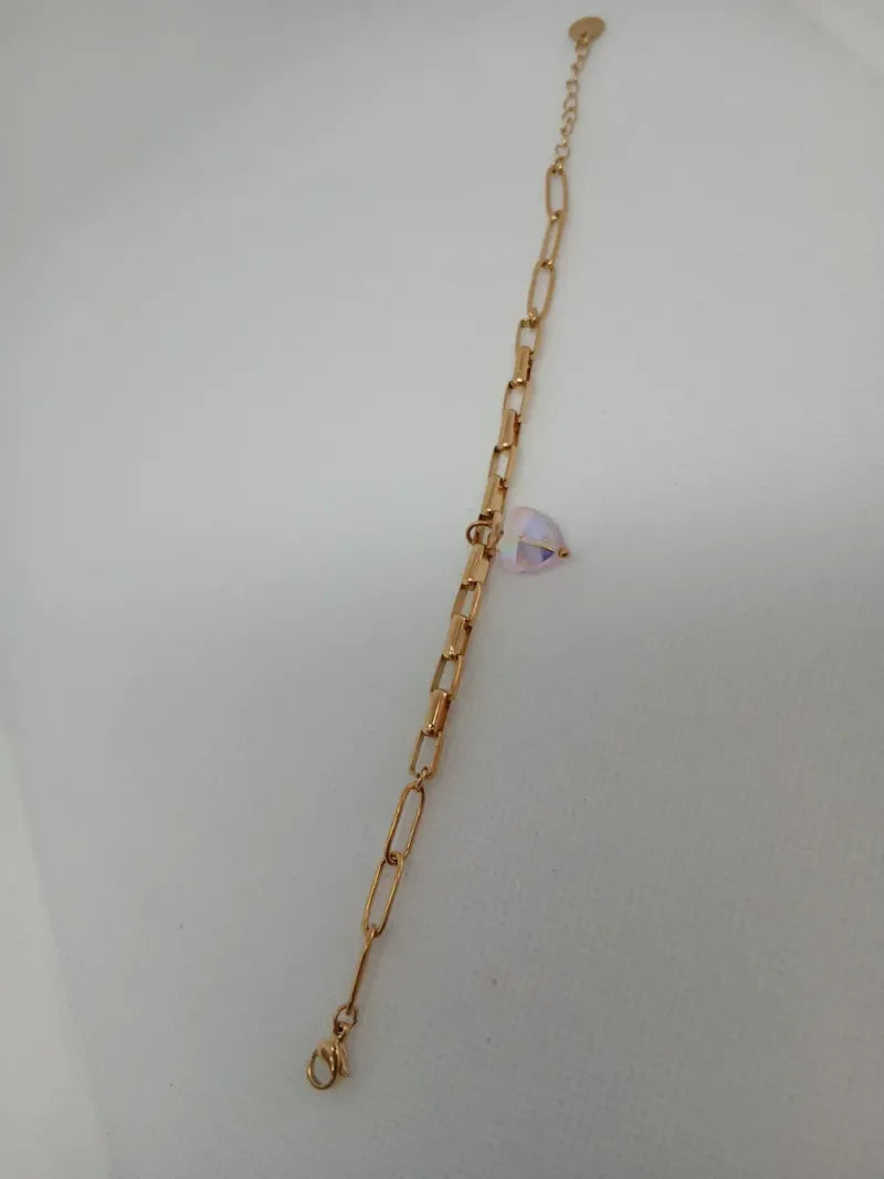 Pulsera Acero Dorado Corazón Piedra Rosada