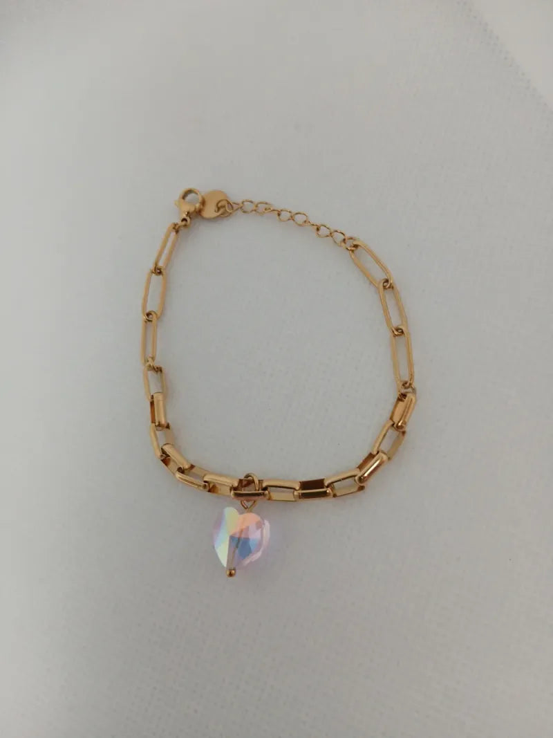 Pulsera Acero Dorado Corazón Piedra Rosada