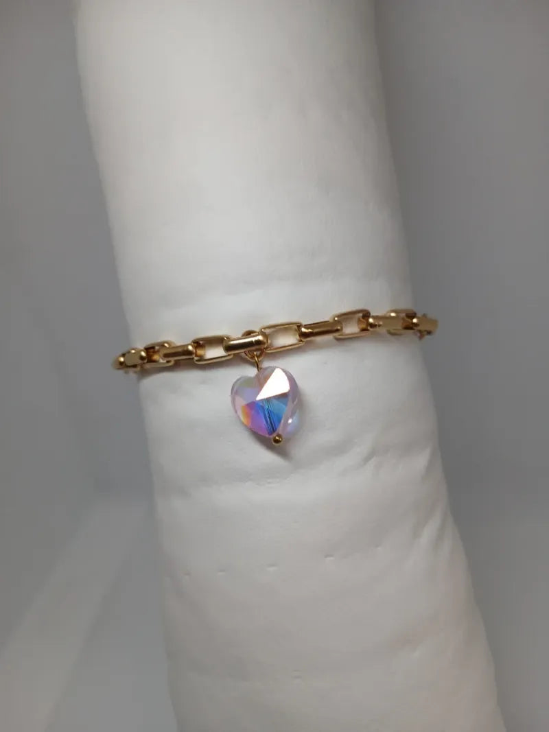 Pulsera Acero Dorado Corazón Piedra Rosada