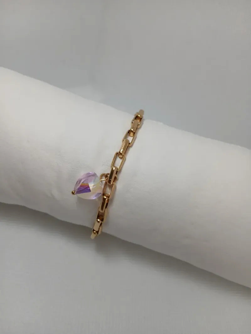 Pulsera Acero Dorado Corazón Piedra Rosada