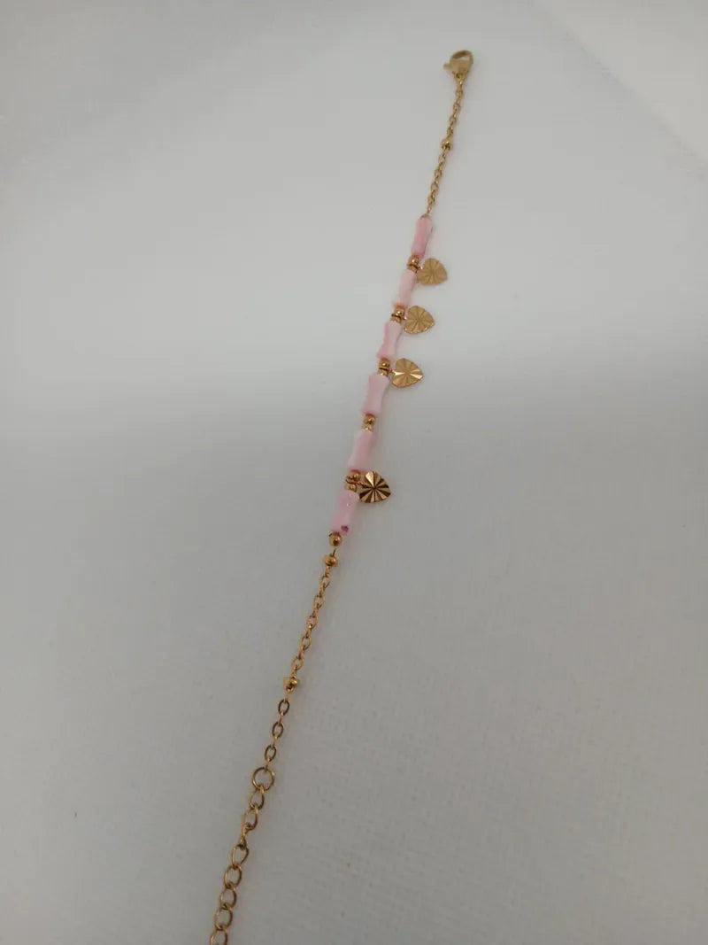 Pulsera Acero Corazones y Piedras Rosadas