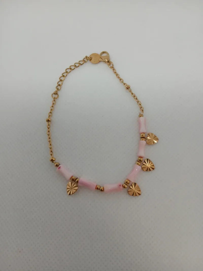 Pulsera Acero Corazones y Piedras Rosadas