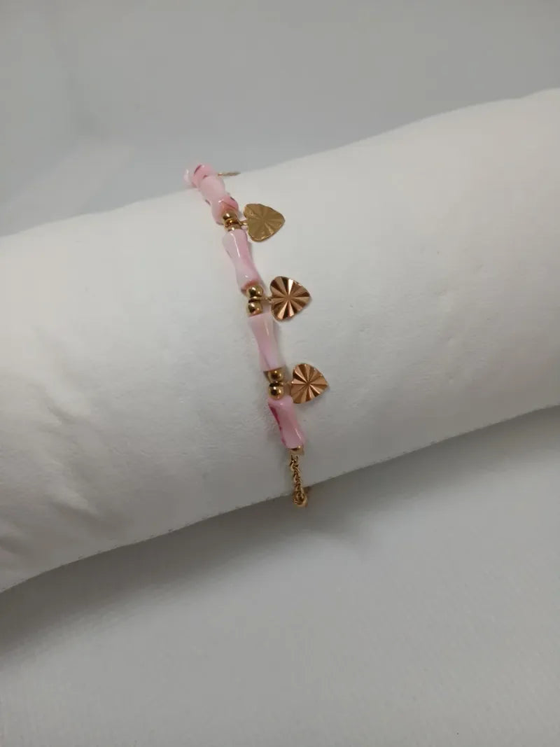 Pulsera Acero Corazones y Piedras Rosadas