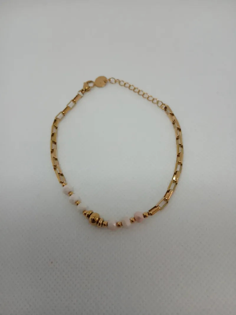 Pulsera Acero Dorado con Piedras Rosadas