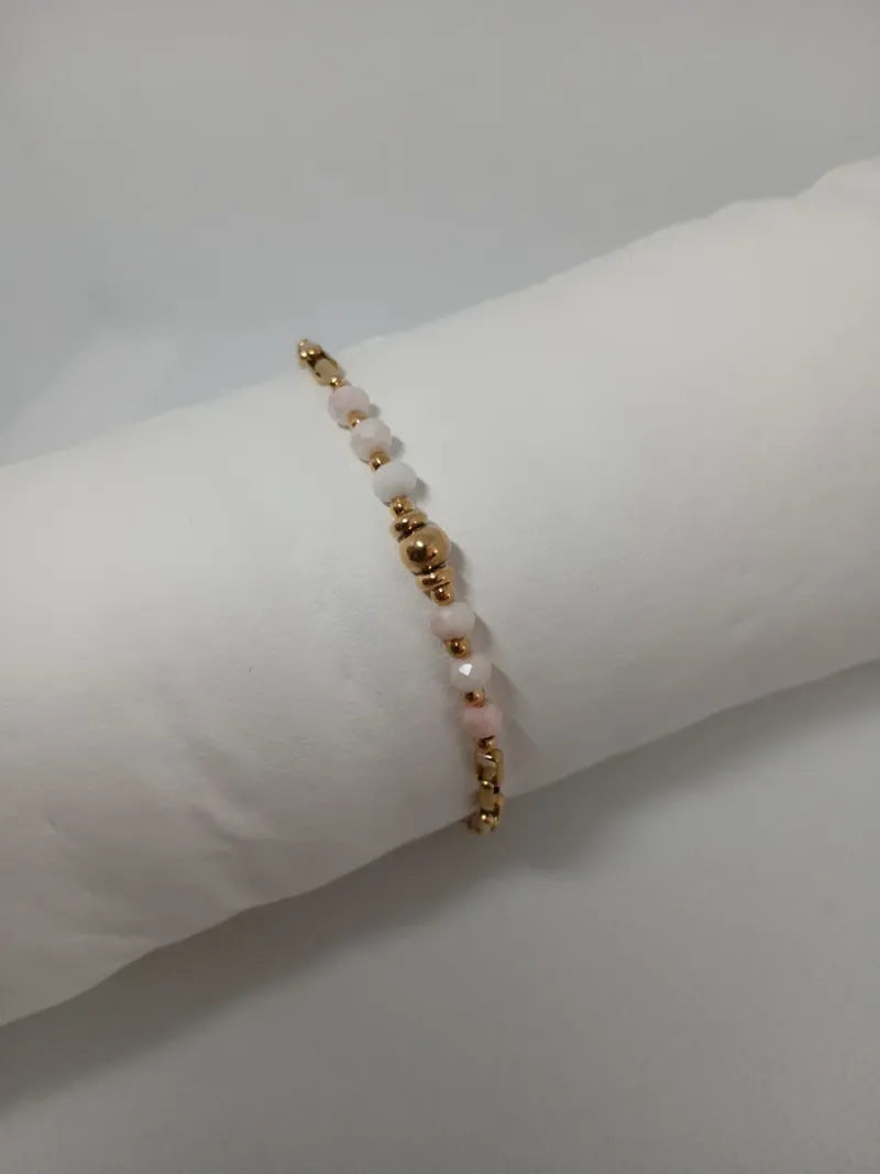 Pulsera Acero Dorado con Piedras Rosadas