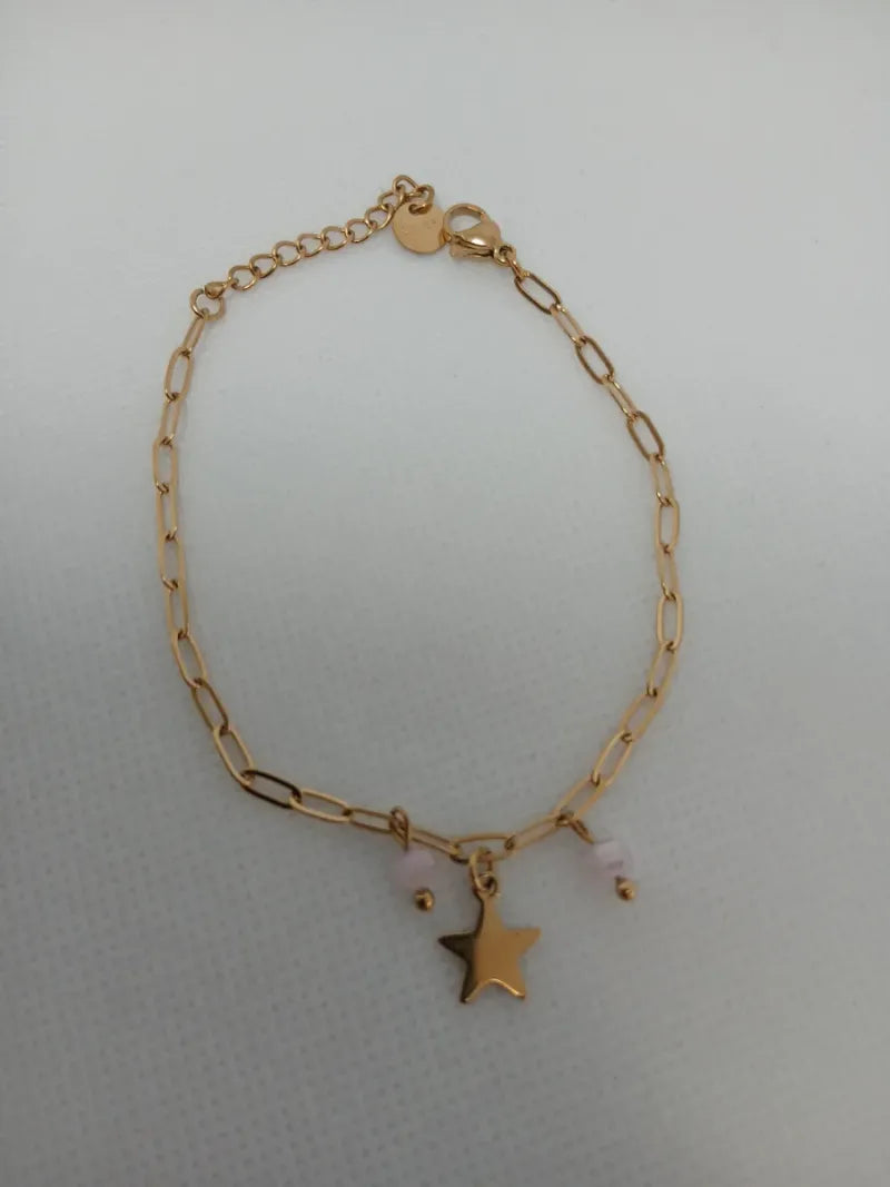 Pulsera Acero Dorado con Detalles Rosas