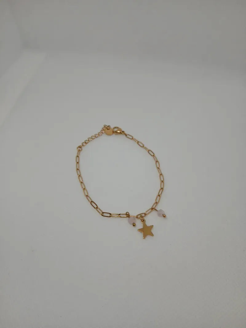 Pulsera Acero Dorado con Detalles Rosas