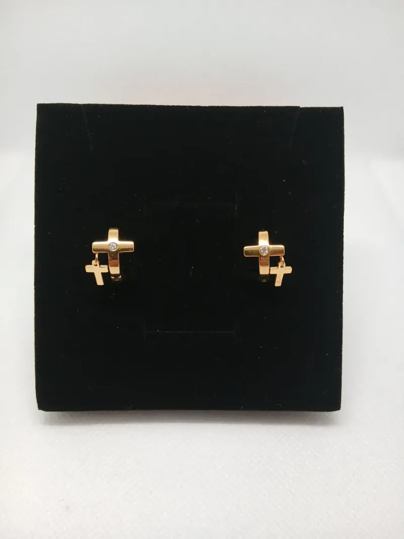 Aretes Candonga Doble Cruz Acero Dorado