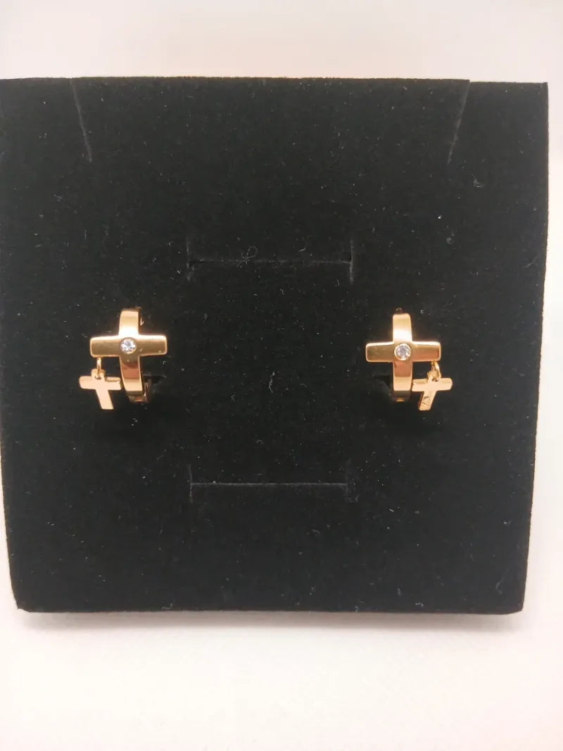 Aretes Candonga Doble Cruz Acero Dorado