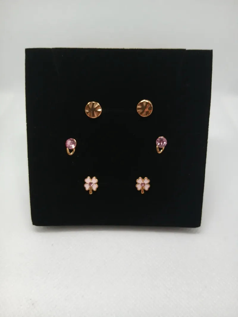 Trío de aretes pequeños acero dorado y rosa