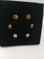 Trío de aretes pequeños acero dorado y rosa