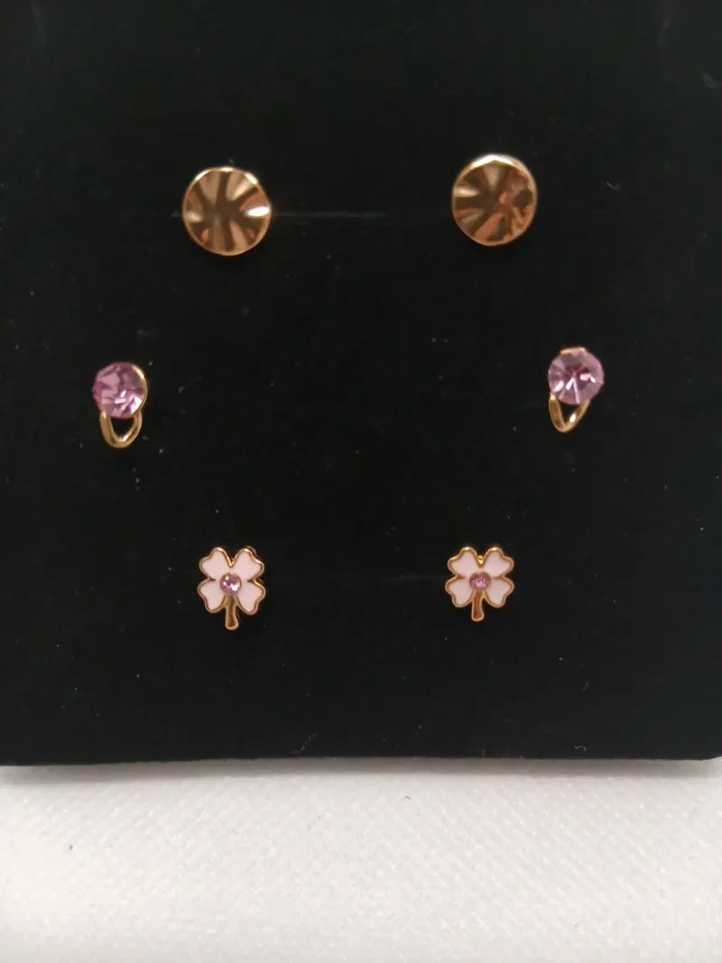 Trío de aretes pequeños acero dorado y rosa