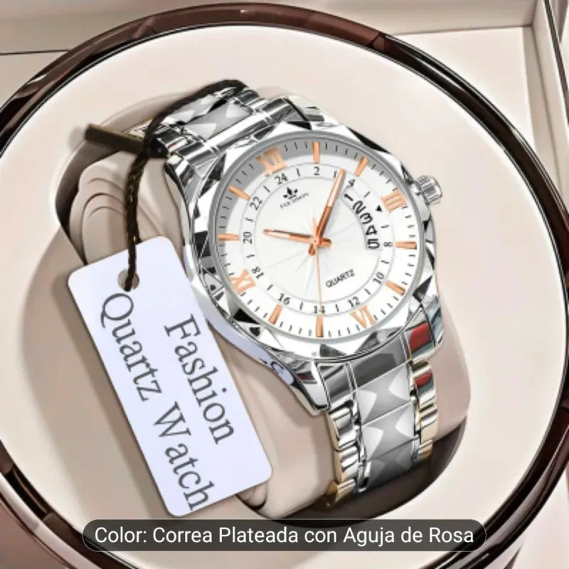 Reloj de Cuarzo Plateado con Detalles Rosas