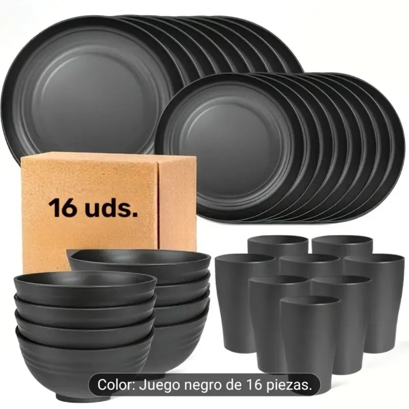 Juego Vajilla Negra 16 Piezas Plástico