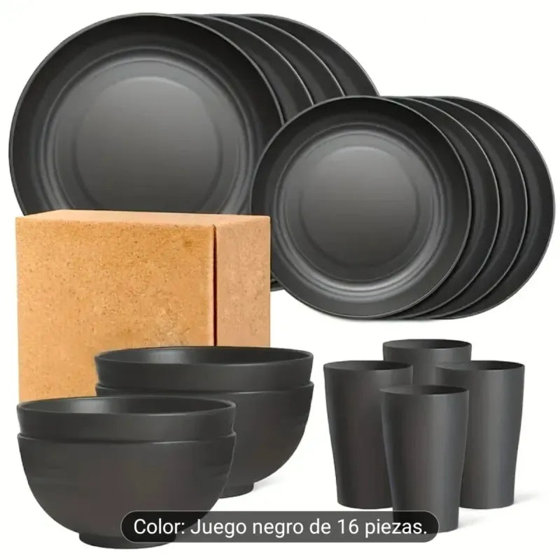 Juego Vajilla Negra 16 Piezas Plástico