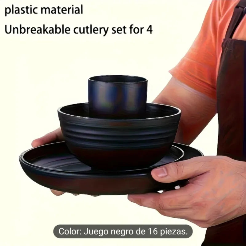 Juego Vajilla Negra 16 Piezas Plástico