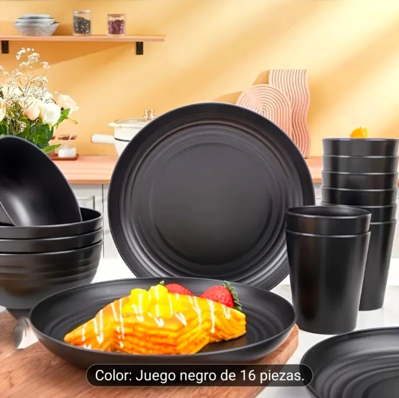 Juego Vajilla Negra 16 Piezas Plástico
