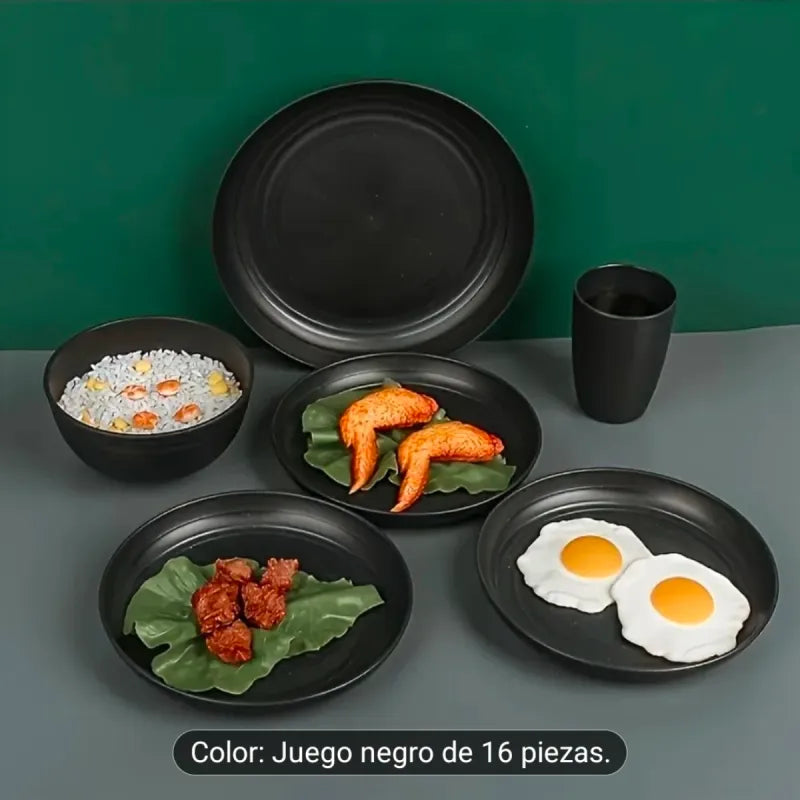 Juego Vajilla Negra 16 Piezas Plástico