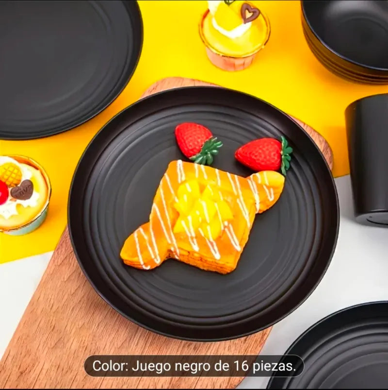 Juego Vajilla Negra 16 Piezas Plástico