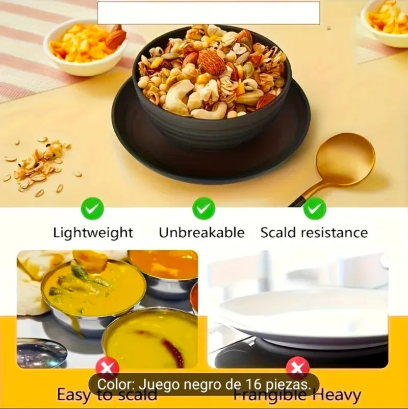 Juego Vajilla Negra 16 Piezas Plástico
