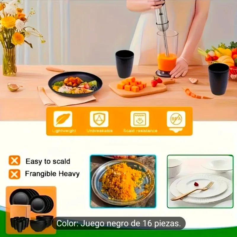 Juego Vajilla Negra 16 Piezas Plástico