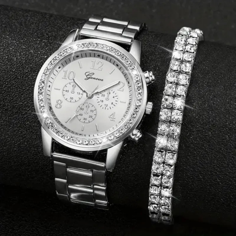 Reloj Geneva Mujer Elegante Plata y Blanco
