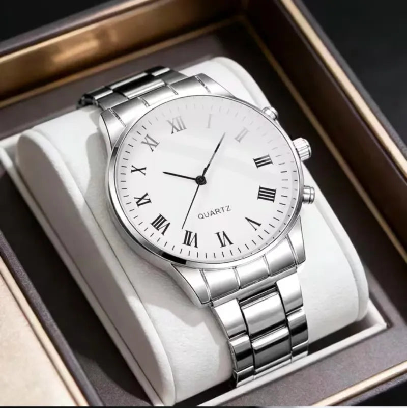 Reloj Cuarzo Elegante Hombre Plata/Blanco