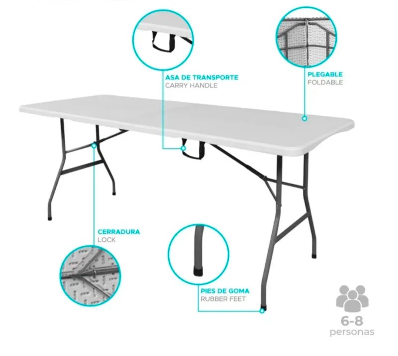 Mesa Plegable 180cm Blanca y Gris