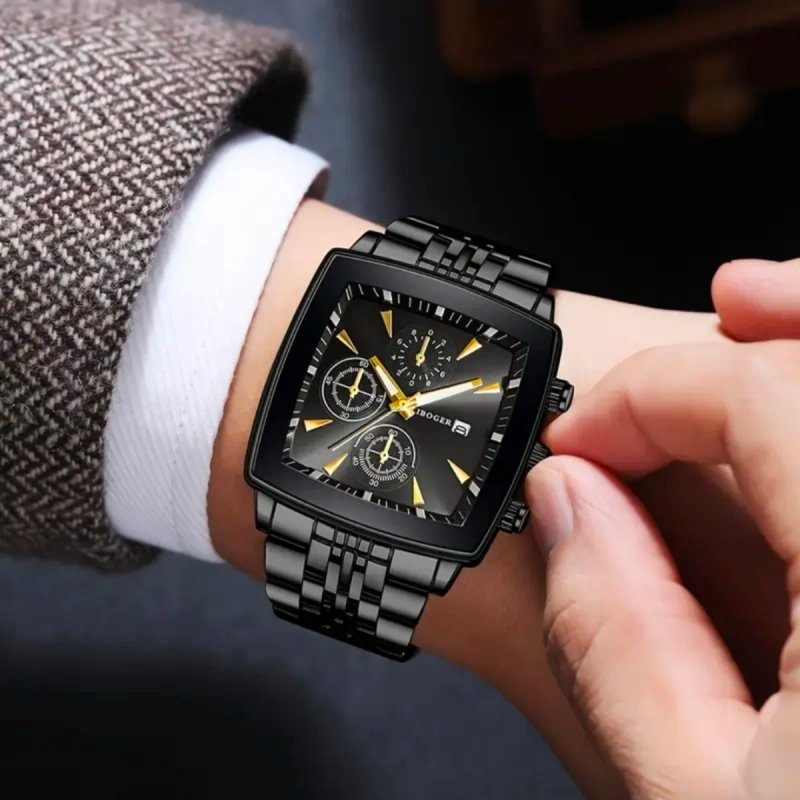Reloj IBOGER Cuarzo Aleación Cuadrado Negro Dorado