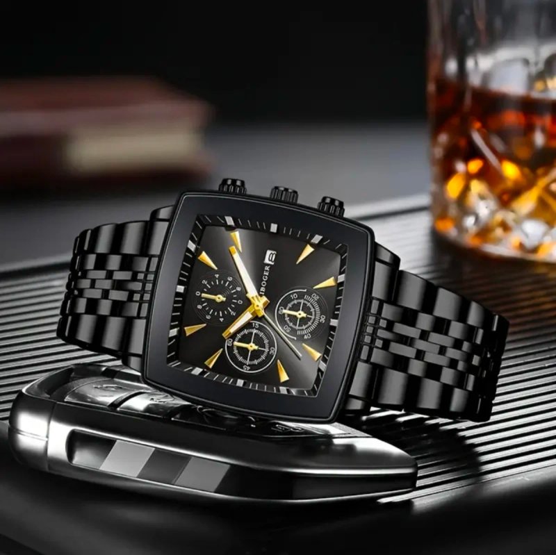 Reloj IBOGER Cuarzo Aleación Cuadrado Negro Dorado