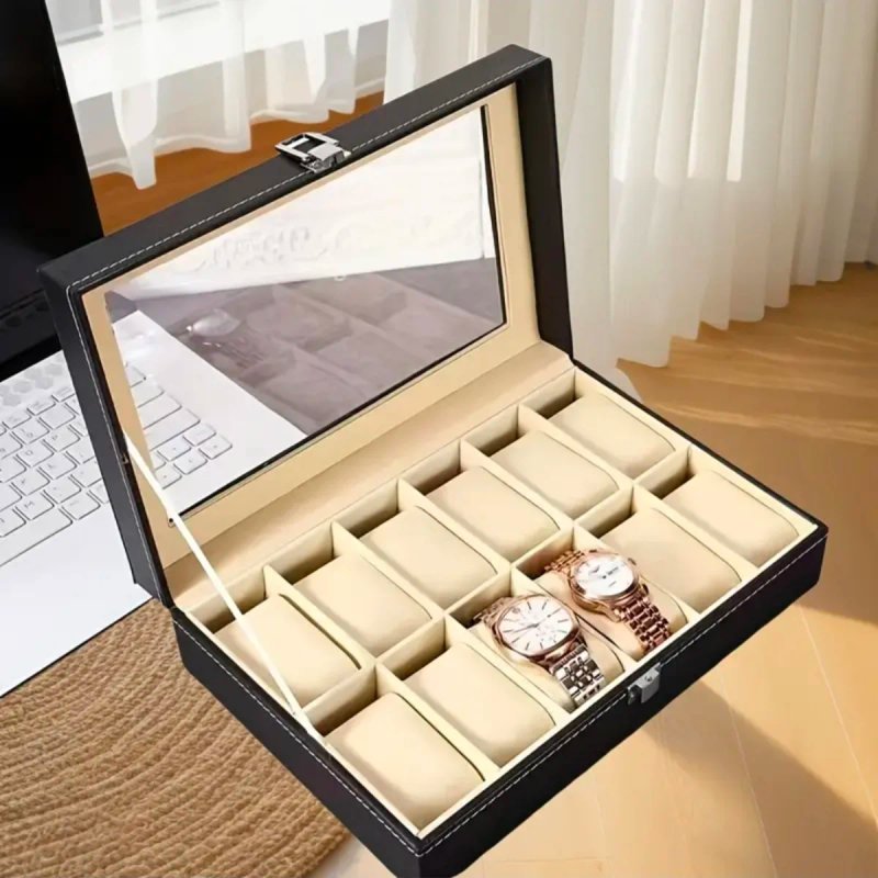 Caja Organizadora 12 Relojes Negra y Beige