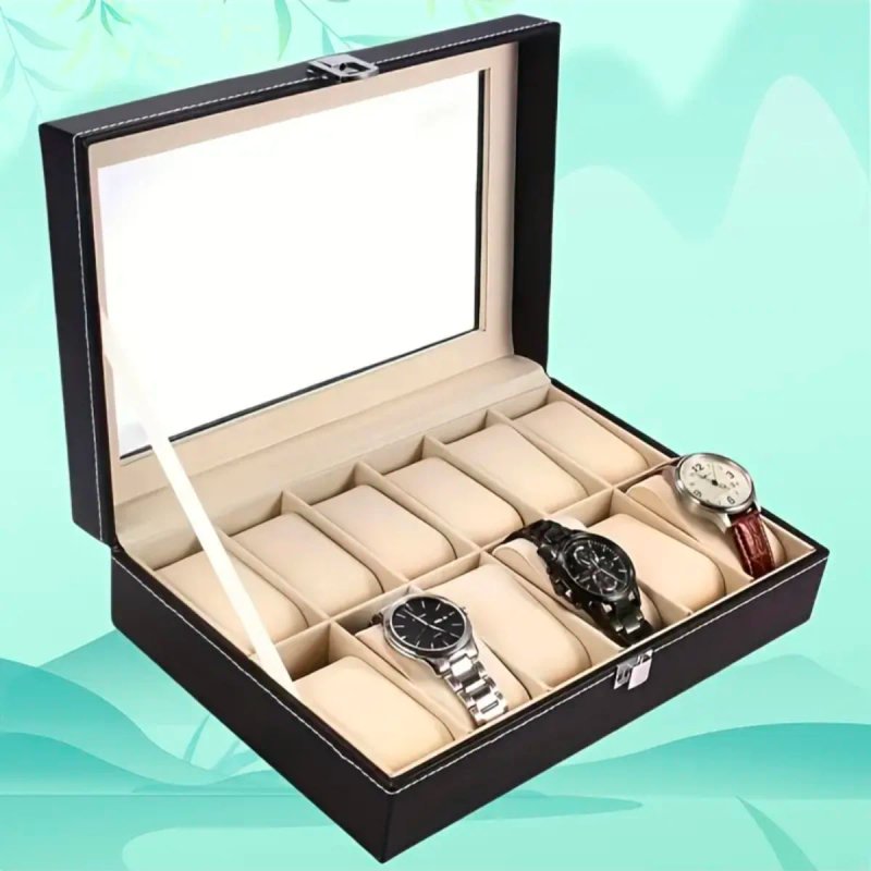 Caja Organizadora 12 Relojes Negra y Beige