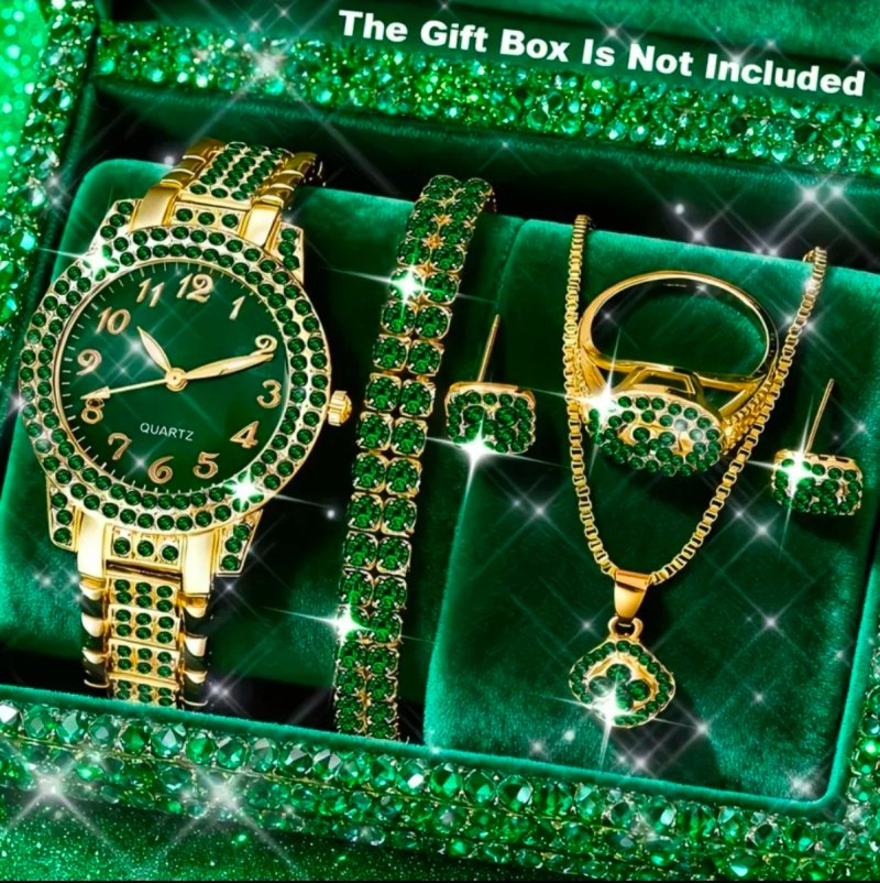 Set 6 Piezas Reloj Mujer Verde y Dorado
